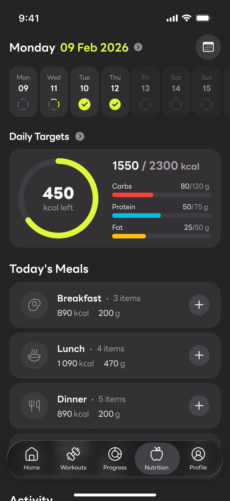 ProgrezPro nutrition tracking screen